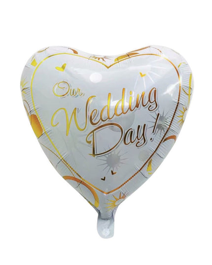 Balon din Folie Metalizata, Figurina Inima, Model Our Wedding Day, Tema Nunta, 45 cm, Ambalaj Individual, Pai Inclus, Umflare cu Aer sau Heliu, /
