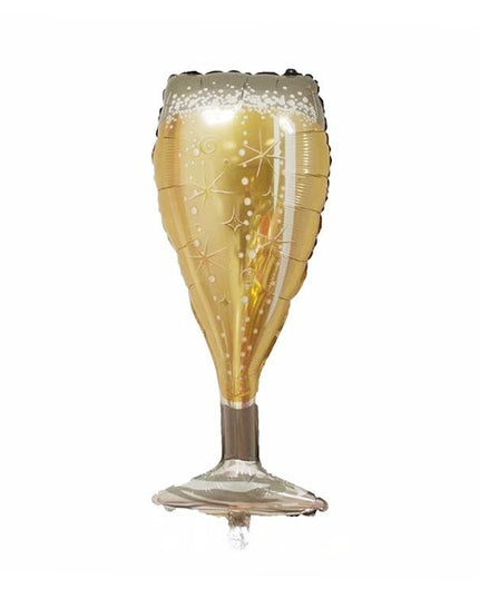 Balon din Folie Metalizata, Figurina Pahar de Sampanie, Tema Aniversare,Ambalaj Individual, Pai Inclus, Umflare cu Aer sau Heliu