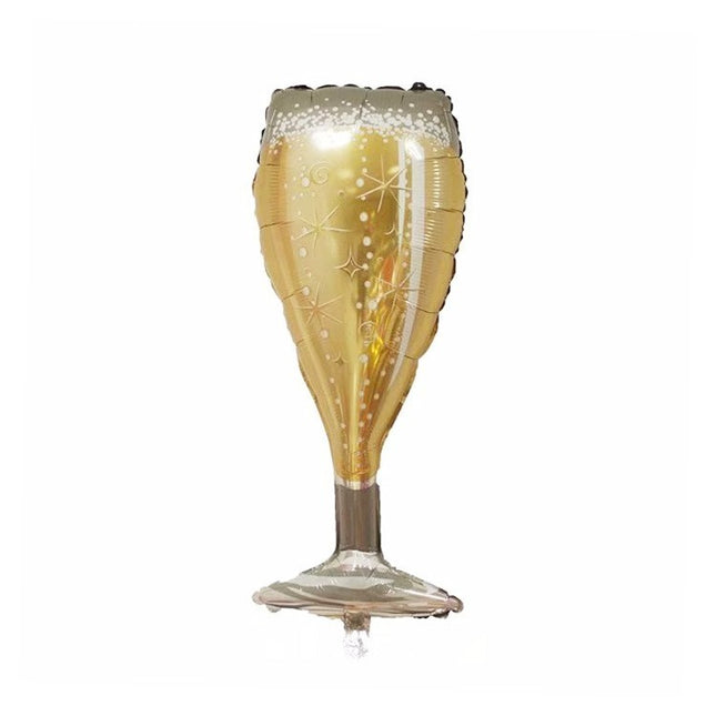 Balon din Folie Metalizata, Figurina Pahar de Sampanie, Tema Aniversare,Ambalaj Individual, Pai Inclus, Umflare cu Aer sau Heliu