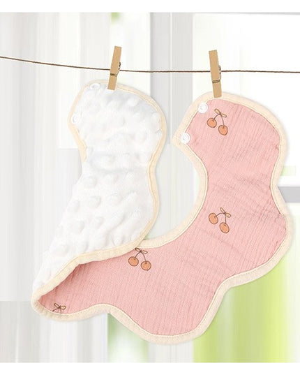 Baveta Tip Floare, din Bumbac, pentru Copii 0-12 Luni, Rezistenta la apa, cu Capse, Model cu Cirese, 26 x 29 cm