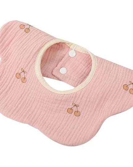 Baveta Tip Floare, din Bumbac, pentru Copii 0-12 Luni, Rezistenta la apa, cu Capse, Model cu Cirese, 26 x 29 cm