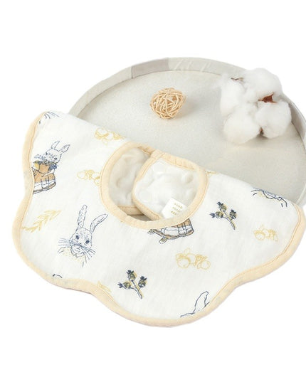 Baveta Tip Floare, din Bumbac, pentru Copii 0-12 Luni, Rezistenta la apa, cu Capse, Model cu Iepurasi, 26 x 29 cm