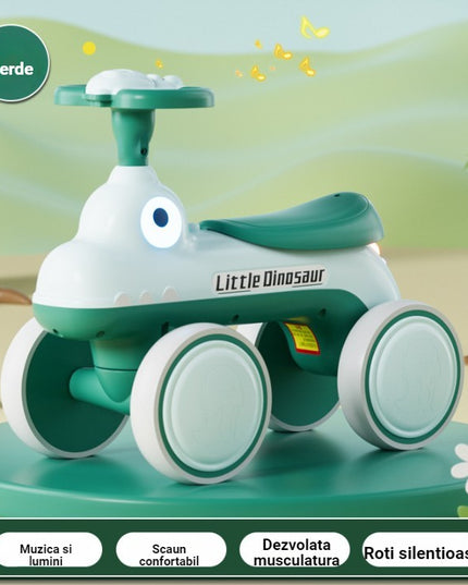 Bicicleta Pentru Copii, Fara Pedale, Cu Patru Roti, Din Plastic Rezistent, Fara BPA, Cu Muzica Si Lumini, Model Dinozaur