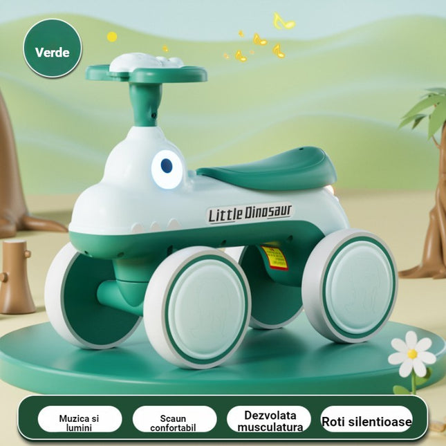 Bicicleta Pentru Copii, Fara Pedale, Cu Patru Roti, Din Plastic Rezistent, Fara BPA, Cu Muzica Si Lumini, Model Dinozaur