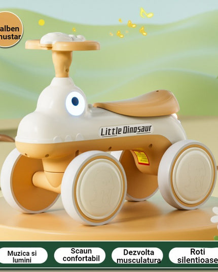 Bicicleta Pentru Copii, Fara Pedale, Cu Patru Roti, Din Plastic Rezistent, Fara BPA, Cu Muzica Si Lumini, Model Dinozaur