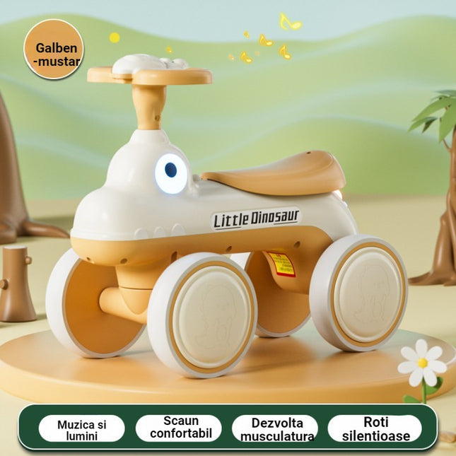 Bicicleta Pentru Copii, Fara Pedale, Cu Patru Roti, Din Plastic Rezistent, Fara BPA, Cu Muzica Si Lumini, Model Dinozaur