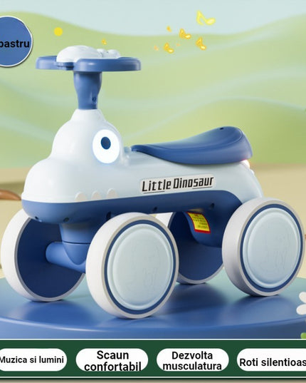 Bicicleta Pentru Copii, Fara Pedale, Cu Patru Roti, Din Plastic Rezistent, Fara BPA, Cu Muzica Si Lumini, Model Dinozaur
