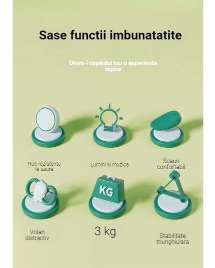 Bicicleta Pentru Copii, Fara Pedale, Cu Patru Roti, Din Plastic Rezistent, Fara BPA, Cu Muzica Si Lumini, Model Dinozaur