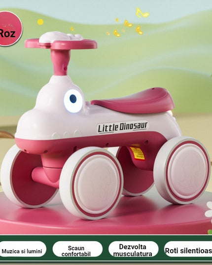 Bicicleta Pentru Copii, Fara Pedale, Cu Patru Roti, Din Plastic Rezistent, Fara BPA, Cu Muzica Si Lumini, Model Dinozaur