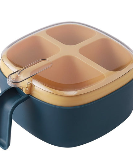 Recipient pentru condimente 4 casute, potrivit pentru sare, cimbru, piper, condimente, 4 lingurite din plastic, capac din plastic, maner