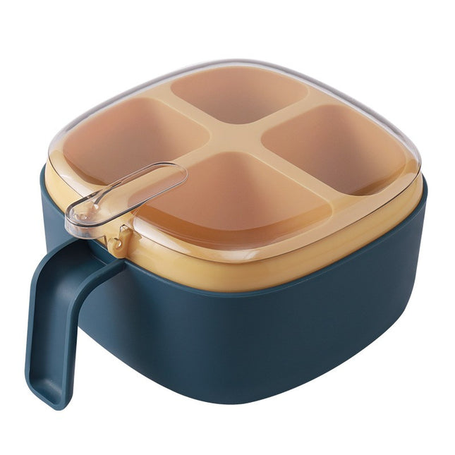Recipient pentru condimente 4 casute, potrivit pentru sare, cimbru, piper, condimente, 4 lingurite din plastic, capac din plastic, maner