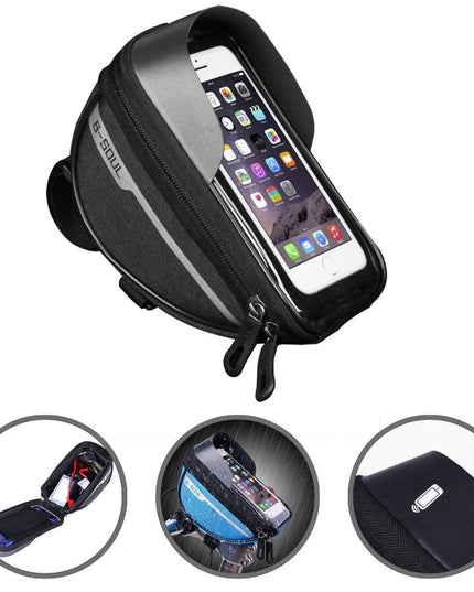 Borseta bicicleta impermeabila cu husa pentru telefon montare pe ghidon, compatibila cu telefoane de pana la 16 cm, spatiu depozitare, 18.5x9.5 cm