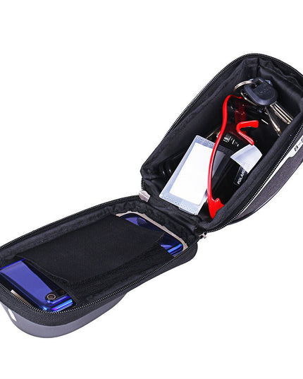 Borseta bicicleta impermeabila cu husa pentru telefon montare pe ghidon, compatibila cu telefoane de pana la 16 cm, spatiu depozitare, 18.5x9.5 cm