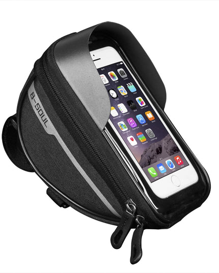 Borseta bicicleta impermeabila cu husa pentru telefon montare pe ghidon, compatibila cu telefoane de pana la 16 cm, spatiu depozitare, 18.5x9.5 cm