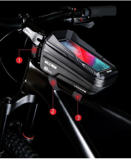 Borseta pentru bicicleta cu suport de telefon capcitate 1L, 20.5x11.1x10.5 cm, cu spatiu de stocare, protectie waterproof, ecran tactil, fixare in 3 locuri, protectie lumina, orificiu casti
