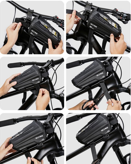 Borseta pentru bicicleta cu suport de telefon capcitate 1L, 20.5x11.1x10.5 cm, cu spatiu de stocare, protectie waterproof, ecran tactil, fixare in 3 locuri, protectie lumina, orificiu casti