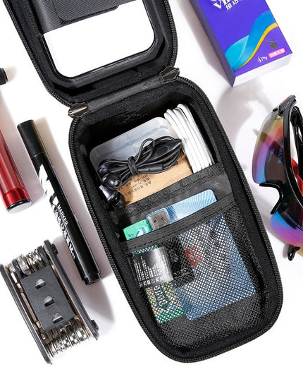 Borseta pentru bicicleta cu suport de telefon capcitate 1L, 20.5x11.1x10.5 cm, cu spatiu de stocare, protectie waterproof, ecran tactil, fixare in 3 locuri, protectie lumina, orificiu casti