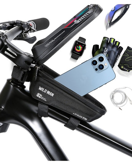 Borseta pentru bicicleta cu suport de telefon capcitate 1L, 20.5x11.1x10.5 cm, cu spatiu de stocare, protectie waterproof, ecran tactil, fixare in 3 locuri, protectie lumina, orificiu casti