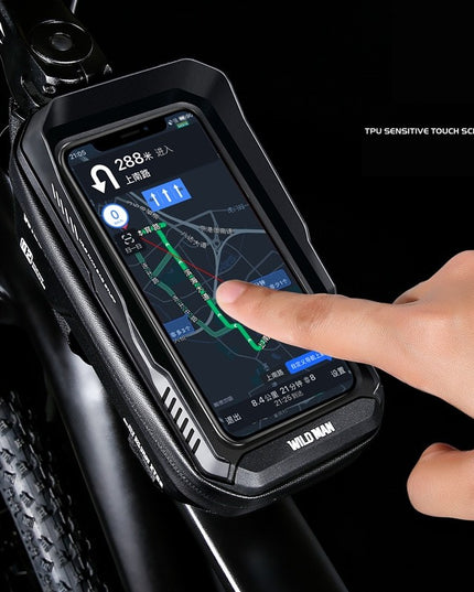 Borseta pentru bicicleta cu suport de telefon capcitate 1L, 20.5x11.1x10.5 cm, cu spatiu de stocare, protectie waterproof, ecran tactil, fixare in 3 locuri, protectie lumina, orificiu casti