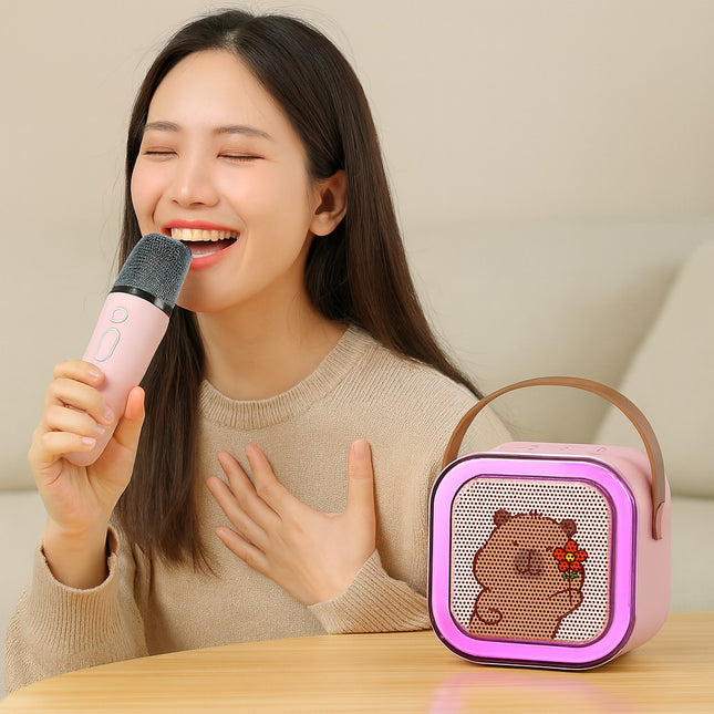 Boxa Portabila Karaoke, Bluetooth 5.3, 5-10W, Set 2 Microfoane Wireless, LED RGB, 4 Efecte Vocale, Type-C, 14 x 11 cm