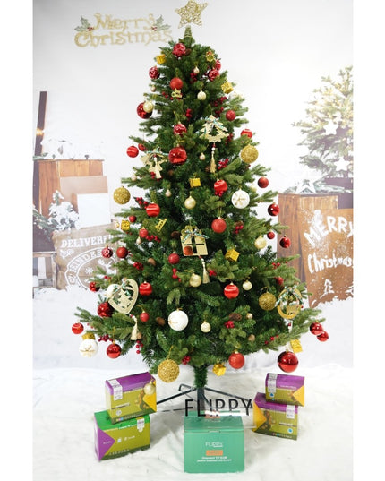 Brad artificial de Craciun, decorat cu conuri pin rosii, inaltime , diametru , 506 ramuri