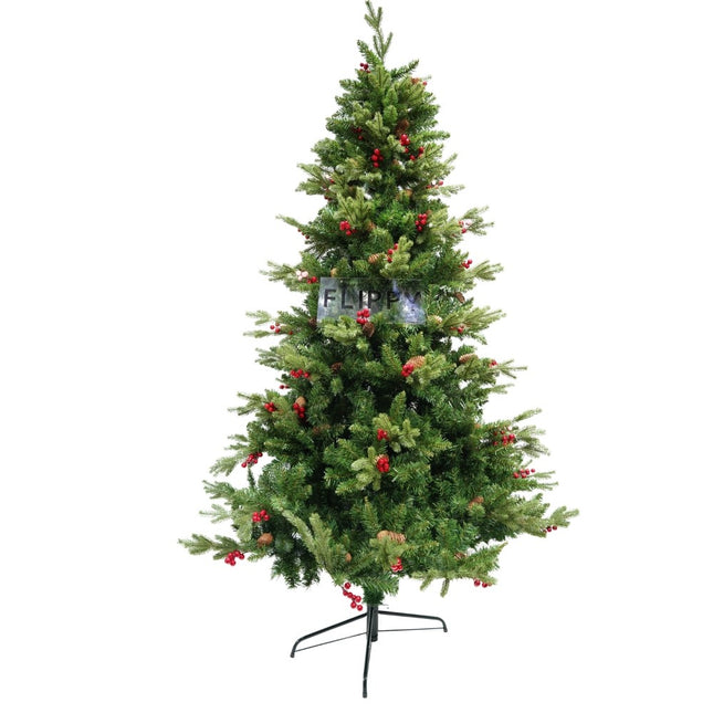 Brad artificial de Craciun, decorat cu conuri pin rosii, inaltime , diametru , 506 ramuri