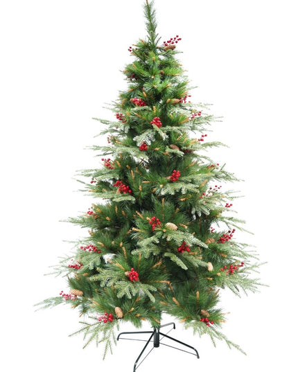 Brad artificial de Craciun Bogat Premium, decorat cu conuri pin rosii, inaltime , 414 ramuri