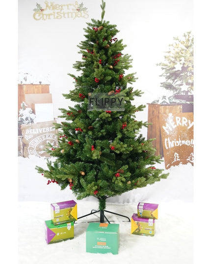 Brad artificial de Craciun, decorat cu conuri pin rosii, inaltime , diametru , 1172 ramuri