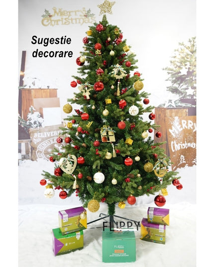 Brad artificial de Craciun, decorat cu conuri pin rosii, inaltime , diametru , 1172 ramuri