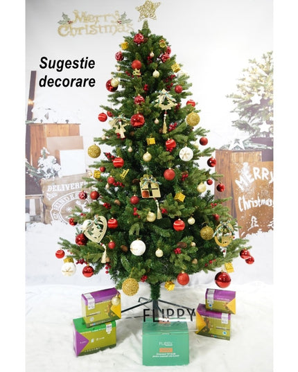 Brad artificial de Craciun Bogat, decorat cu conuri pin rosii, inaltime , 1652 ramuri