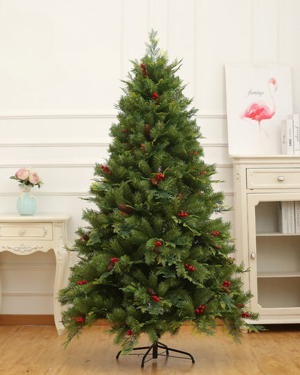 Brad artificial de Craciun Bogat, decorat cu conuri pin rosii, inaltime , 1652 ramuri