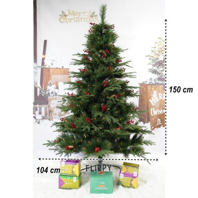 Brad artificial de Craciun, decorat cu conuri pin rosii, pentru interior/exterior, inaltime , diametru , 323 ramuri