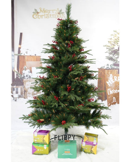 Brad artificial de Craciun, decorat cu conuri pin rosii, pentru interior/exterior, inaltime , diametru , 767 ramuri