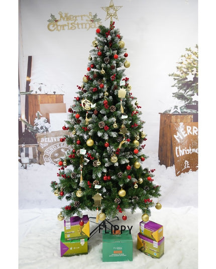 Brad artificial de Craciun nins, decorat cu conuri pin rosii, inaltime , diametru , 319 ramuri