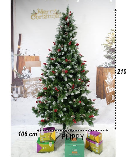 Brad artificial de Craciun nins, decorat cu conuri pin rosii, inaltime , diametru , 643 ramuri