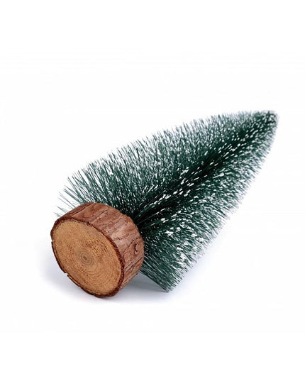 Brad artificial de craciun, tip pin inzapezit, ornament pentru masa, pe suport lemn, inaltime