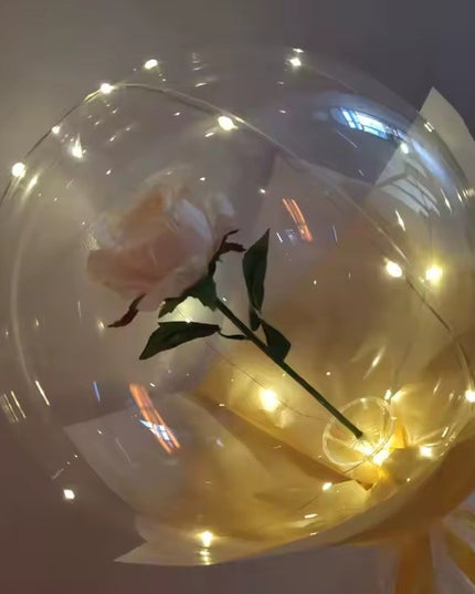 Buchet Decorativ, Trandafir in Balon cu Lumini Led, Diametru , 2 x Baterii AA (neincluse), Sampanie