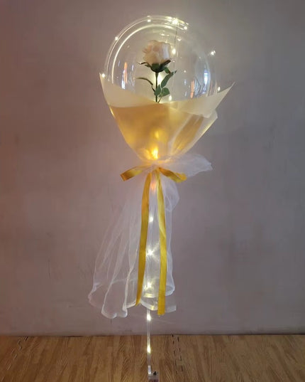 Buchet Decorativ, Trandafir in Balon cu Lumini Led, Diametru , 2 x Baterii AA (neincluse), Sampanie