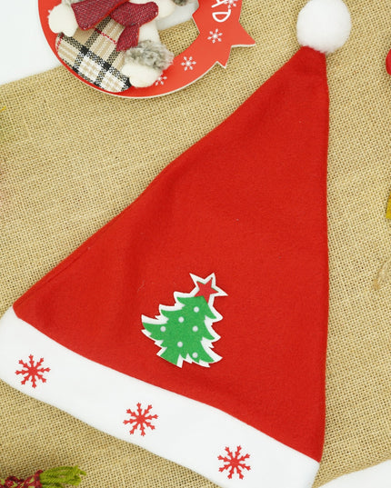 Caciulita de Mos Craciun, cu model de Brad si ornament fulg de nea, rosie, marime universala, material textil