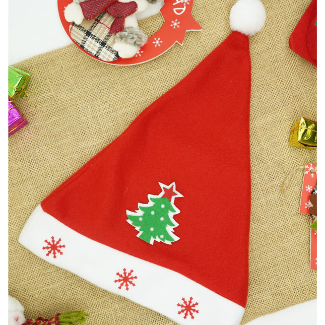 Caciulita de Mos Craciun, cu model de Brad si ornament fulg de nea, rosie, marime universala, material textil