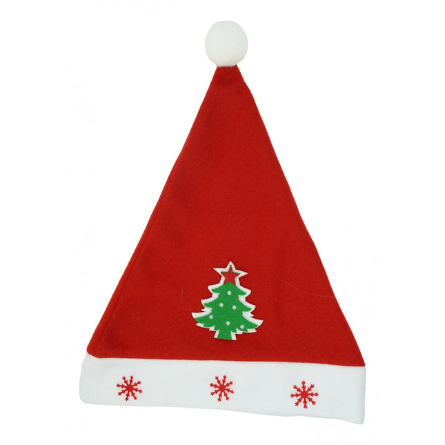 Caciulita de Mos Craciun, cu model de Brad si ornament fulg de nea, rosie, marime universala, material textil