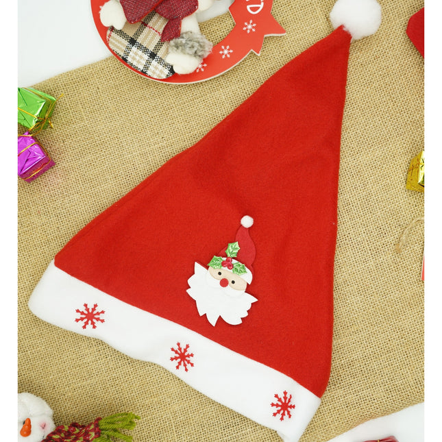 Caciulita de Mos Craciun, cu model de Mos Craciun si ornament fulg de nea, rosie, marime universala, material textil