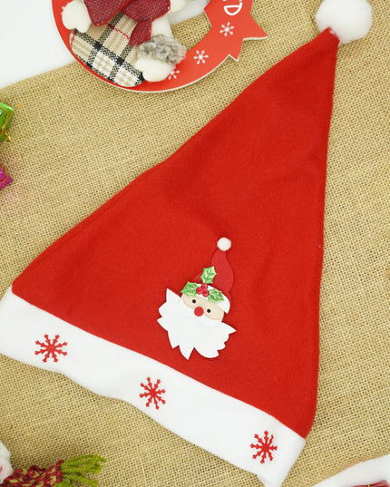 Caciulita de Mos Craciun, cu model de Mos Craciun si ornament fulg de nea, rosie, marime universala, material textil