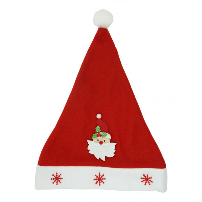 Caciulita de Mos Craciun, cu model de Mos Craciun si ornament fulg de nea, rosie, marime universala, material textil