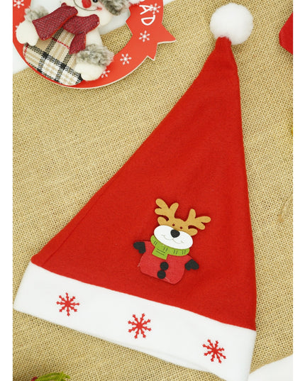 Caciulita de Mos Craciun, cu model de Ren si ornament fulg de nea, rosie, marime universala, material textil