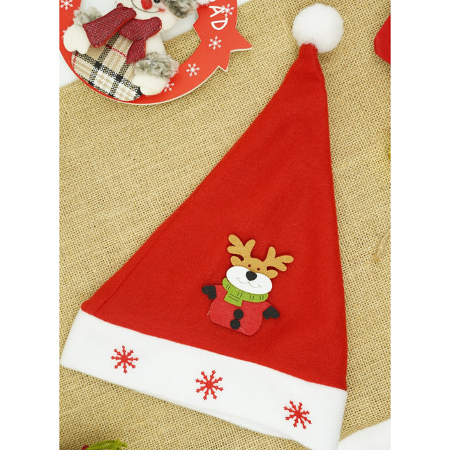 Caciulita de Mos Craciun, cu model de Ren si ornament fulg de nea, rosie, marime universala, material textil