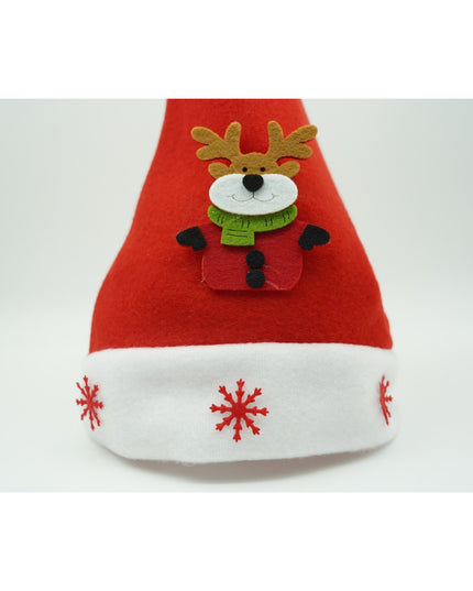 Caciulita de Mos Craciun, cu model de Ren si ornament fulg de nea, rosie, marime universala, material textil