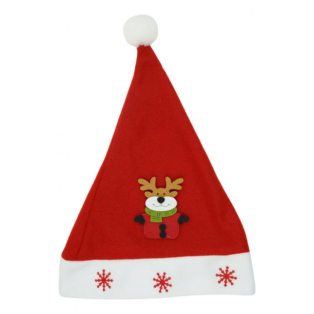 Caciulita de Mos Craciun, cu model de Ren si ornament fulg de nea, rosie, marime universala, material textil