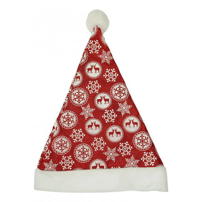 Caciulita de Mos Craciun, cu ornament fulg de nea si sclipici, rosie, marime universala, material textil