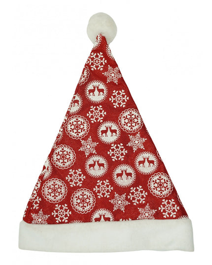 Caciulita de Mos Craciun, cu ornament fulg de nea si sclipici, rosie, marime universala, material textil